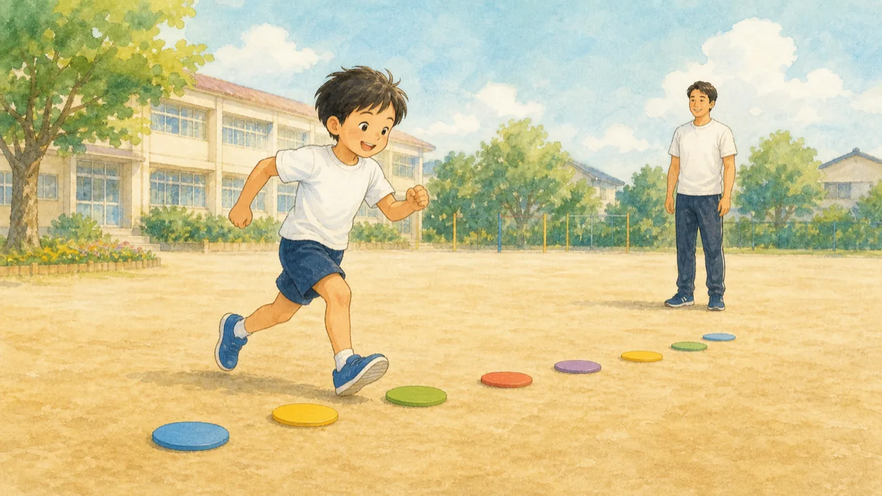 グラウンドに並べた目印のあいだを走り抜ける子と、離れて見守るコーチの様子（イラスト）