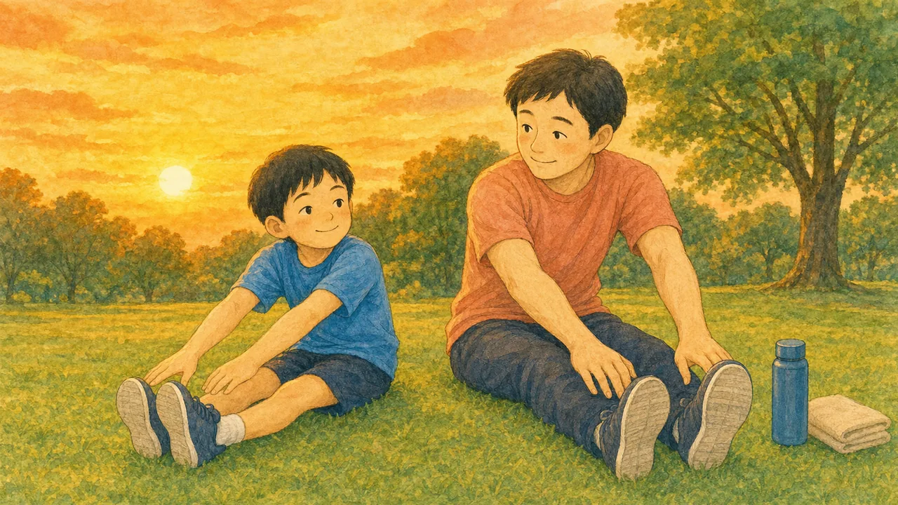 練習のあと、芝生に座ってゆっくり脚を伸ばす子と保護者の様子(イラスト)