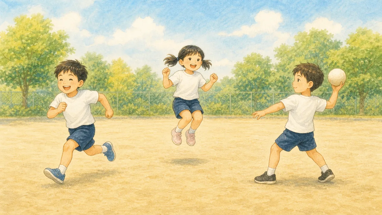 校庭で走る子・跳ぶ子・ボールを投げる子がそれぞれ体を動かす様子(イラスト)