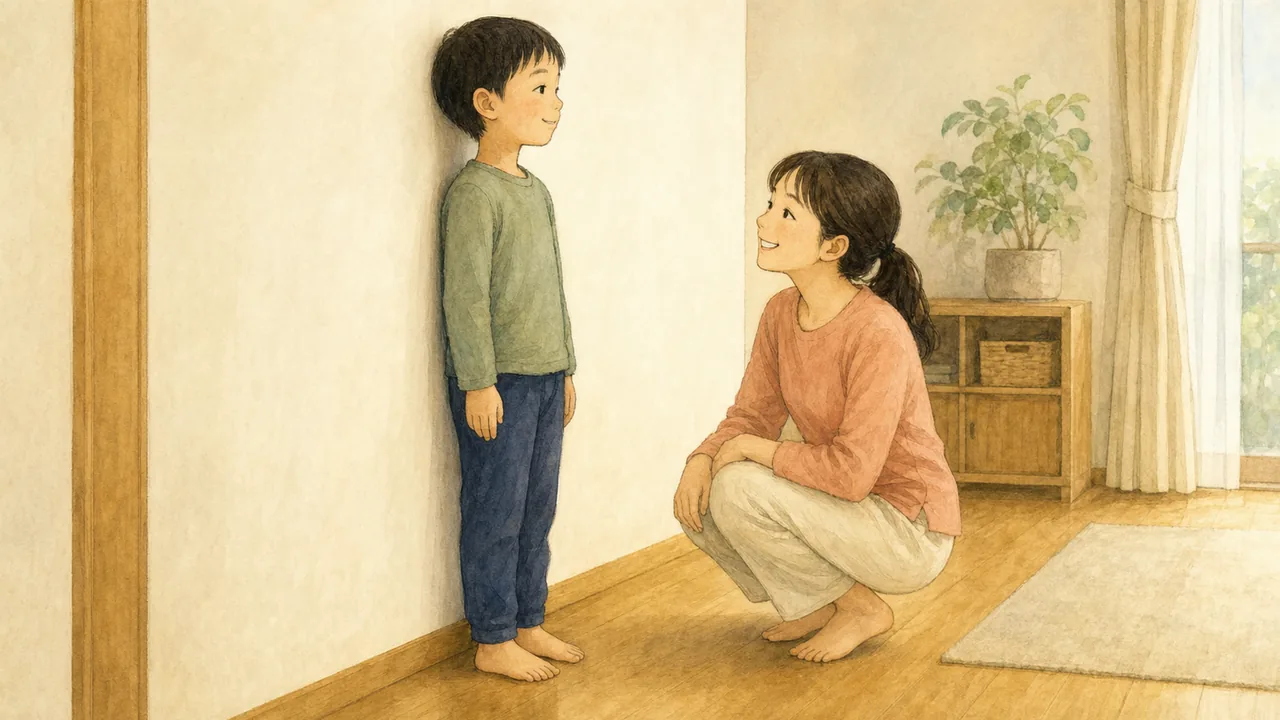 家の壁に背中をつけてまっすぐ立ち、姿勢を確かめる子と横で見守る保護者の様子(イラスト)