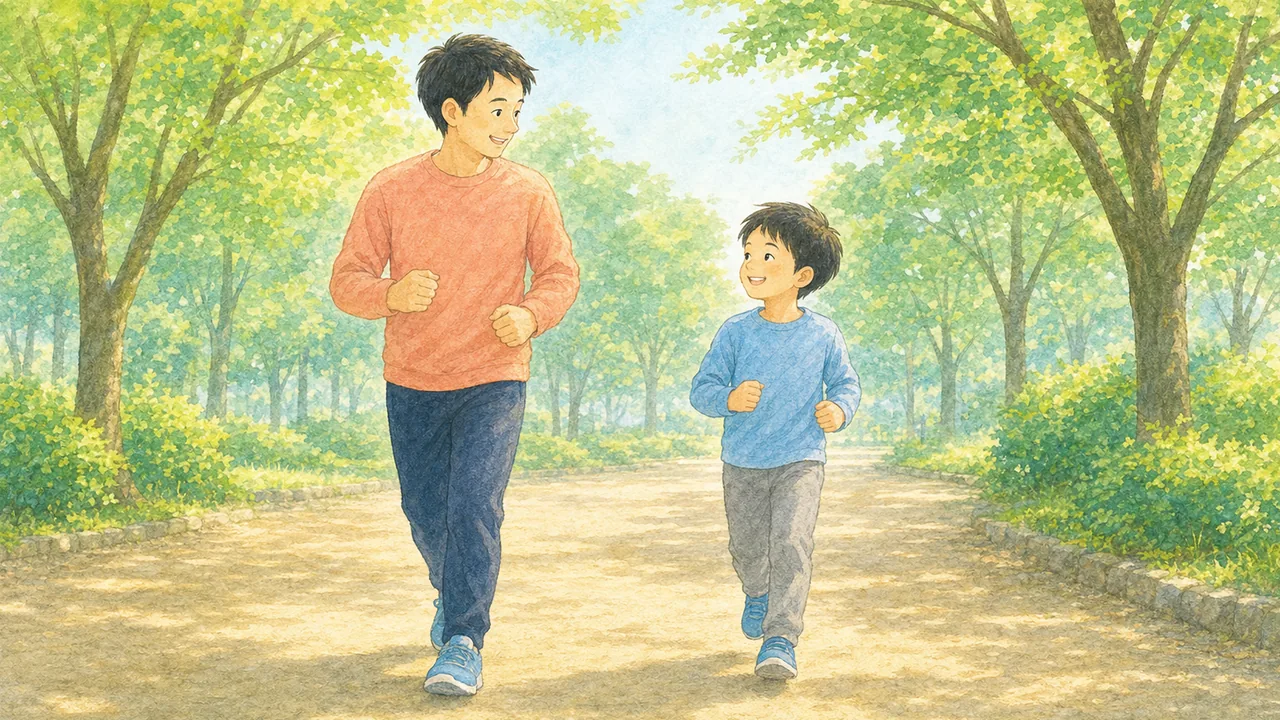 公園で親子が軽いジョギングをして体を温めている様子(イラスト)