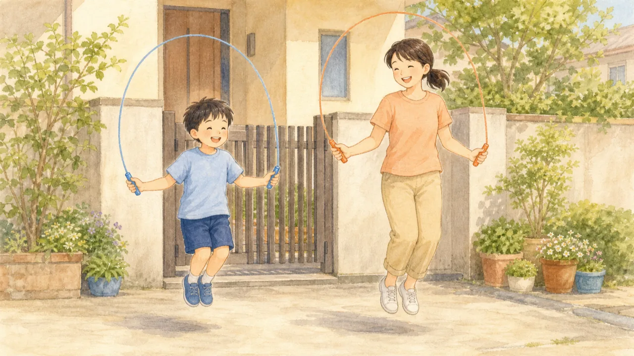 家の玄関先で親子が一緒に縄跳びを跳んでいる様子（イラスト）