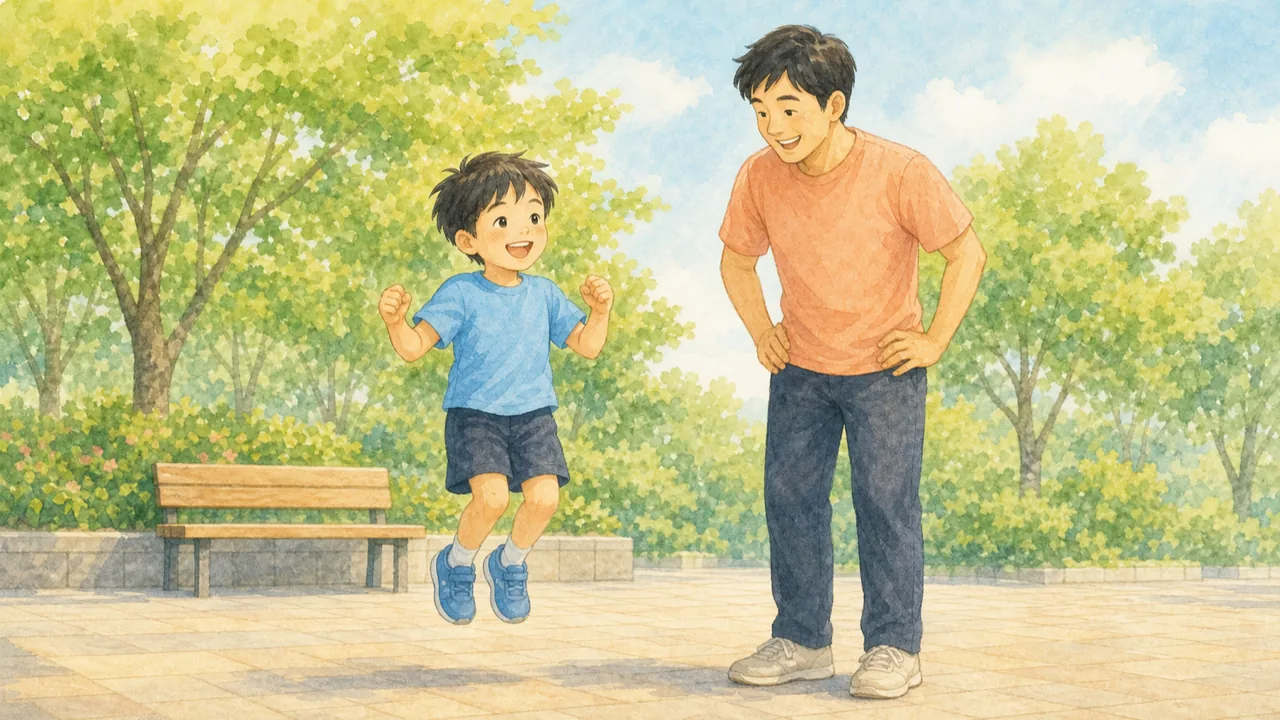 公園で子どもが両足で軽く跳び、保護者がそばで見守る様子（イラスト）
