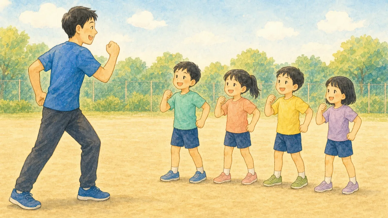 グラウンドでコーチが体を動かして見せ、子どもたちが真似をしている様子(イラスト)