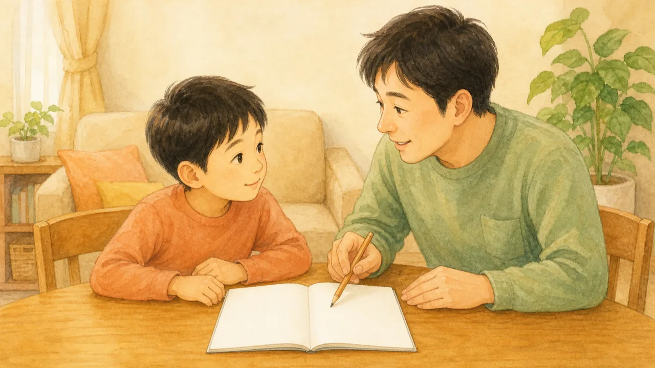 リビングの机で親子が向かい合い、練習の予定を相談している様子(イラスト)