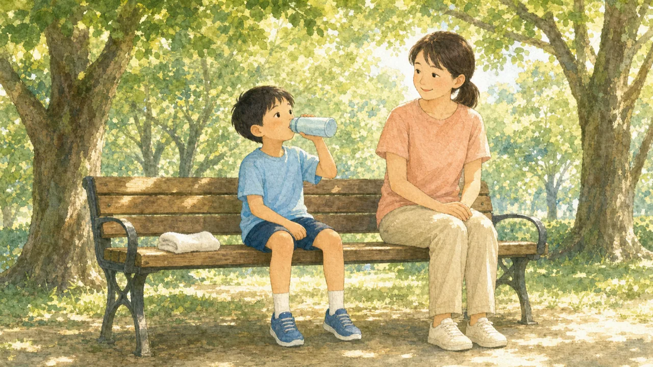 練習のあとベンチで水筒を飲んでひと休みする子と、となりに座る保護者の様子(イラスト)