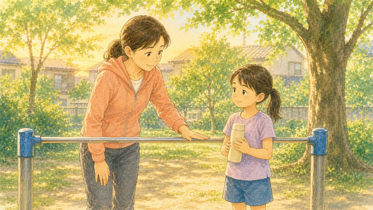 夏の夕方の公園で、鉄棒の棒に手のひらを当てて熱くないか確かめている母親と、水筒を持って待つ女の子(イラスト)