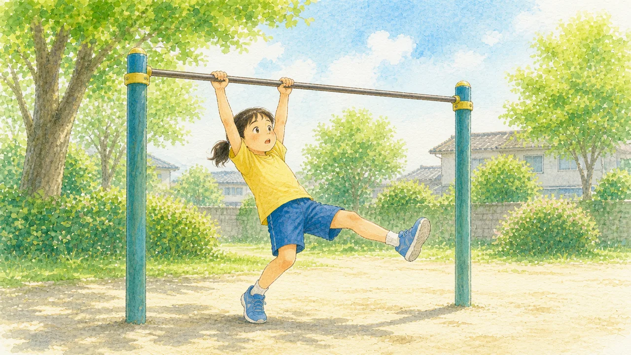公園の鉄棒で、腕が伸びきって体が鉄棒から離れてしまっている女の子(イラスト)
