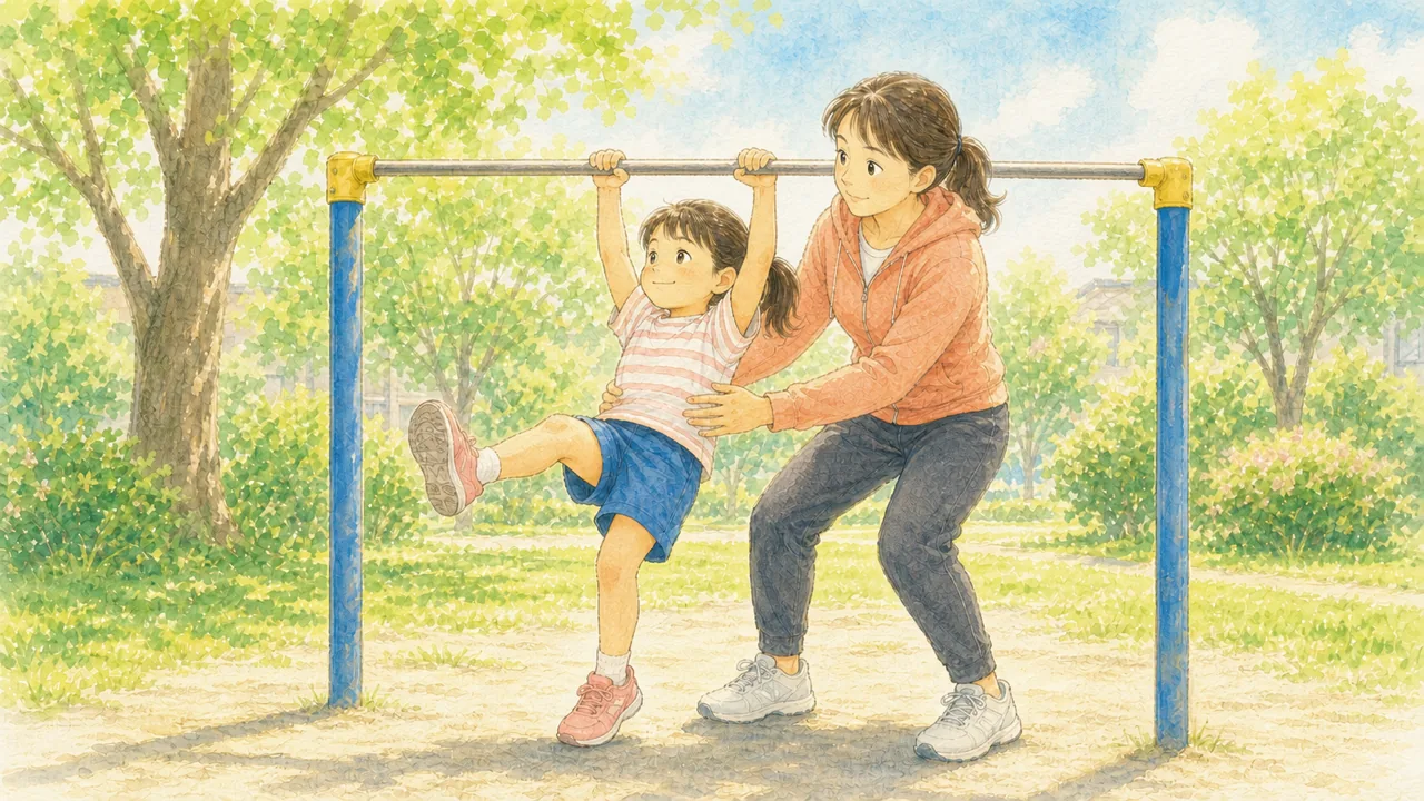 逆上がりをしようとする女の子の腰を、母親が両手で支えている様子(イラスト)