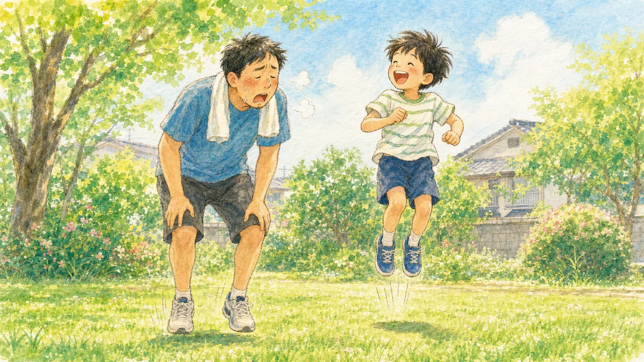 親子が並んでその場でジャンプしていて、親のほうが息を切らしている様子（イラスト）