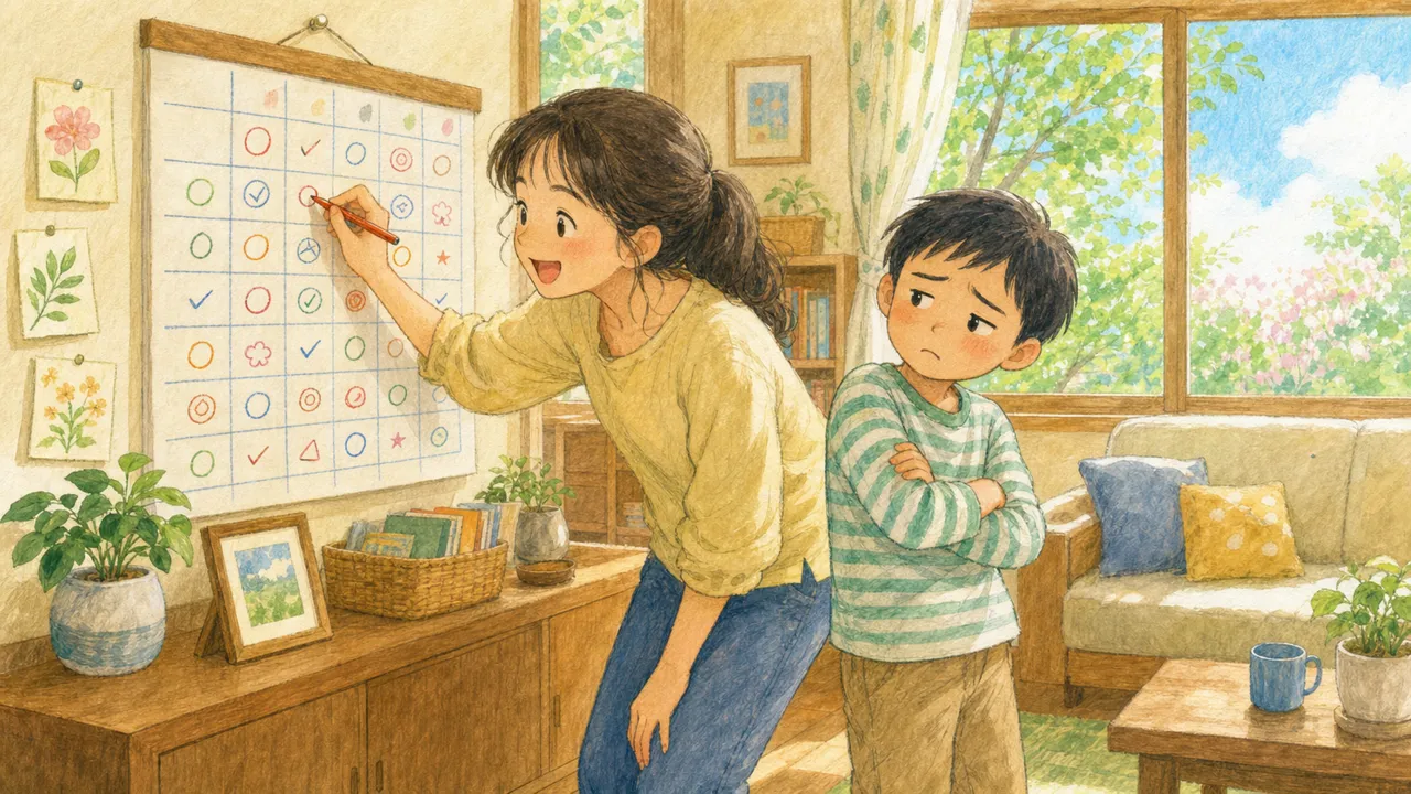 親子がカレンダーの前で、毎日の練習予定を書き込もうとしている様子（イラスト）