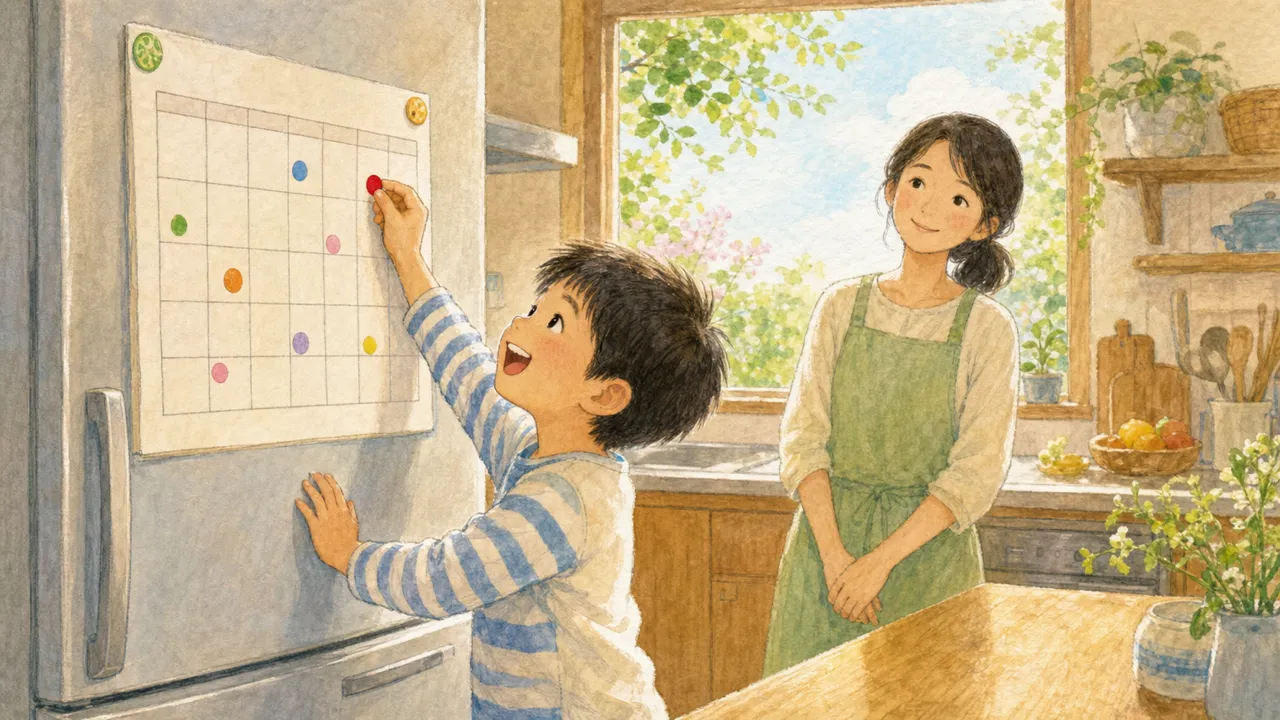 カレンダーに丸をつけて、子どもが嬉しそうにしている様子（イラスト）