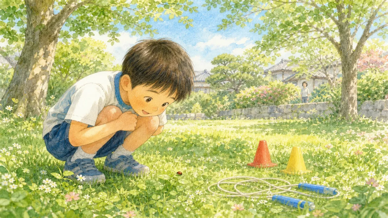子どもが庭で虫を見つけて夢中になっていて、練習道具がそばに置かれたままの様子（イラスト）