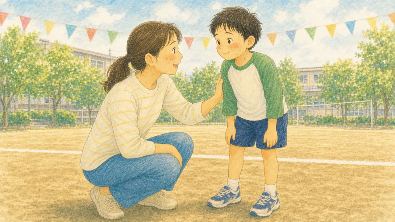 かけっこを走り終えた子どもに、親がしゃがんで目線を合わせ、笑顔で声をかけている様子(イラスト)