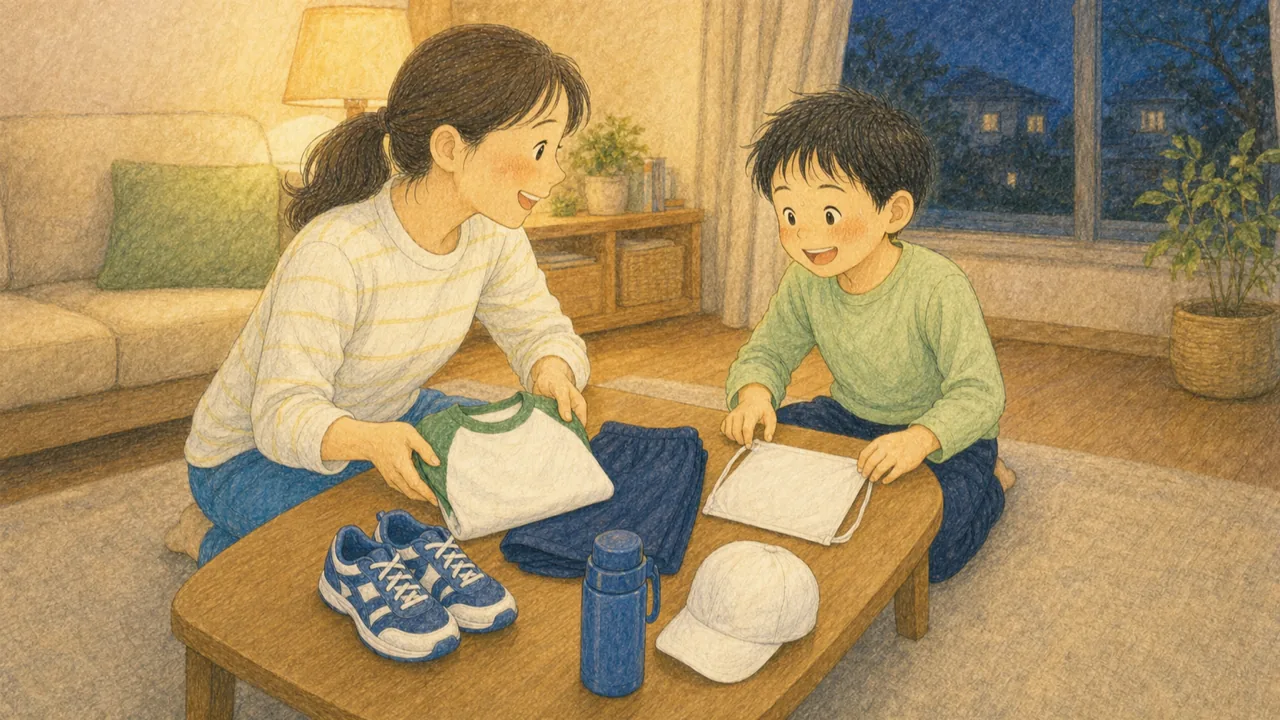 運動会の前日の夜、親子で体操着・運動靴・水筒・帽子を並べて一緒に準備している様子(イラスト)