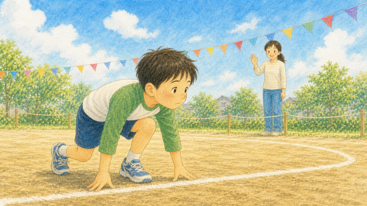運動会のスタートラインで構える子どもを、少し離れた場所から親が笑顔で手を振って応援している様子(イラスト)