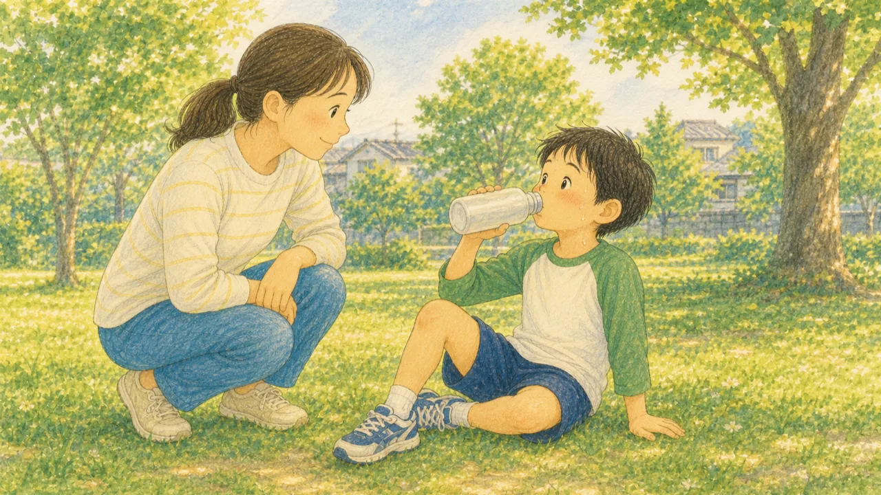 運動会前、走り込みをやめて芝生でひと息つく子どもを、親がやさしく見守っている様子(イラスト)