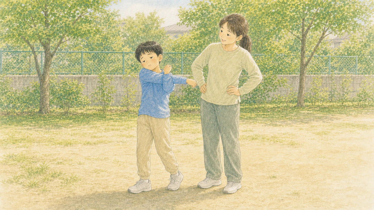 準備運動を面倒くさそうにダラダラやる子どもと、となりで見ている保護者の様子（イラスト）