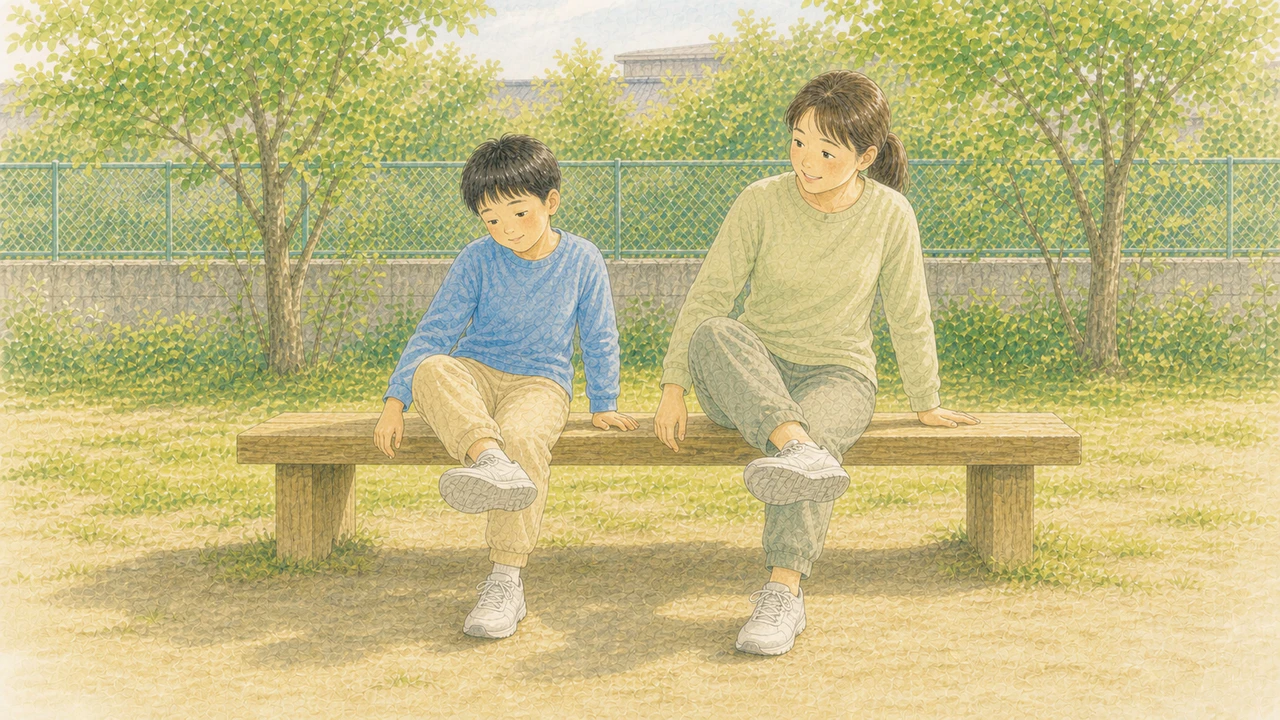 練習の前に、決まった順番で足首をまわしている親子の様子（イラスト）