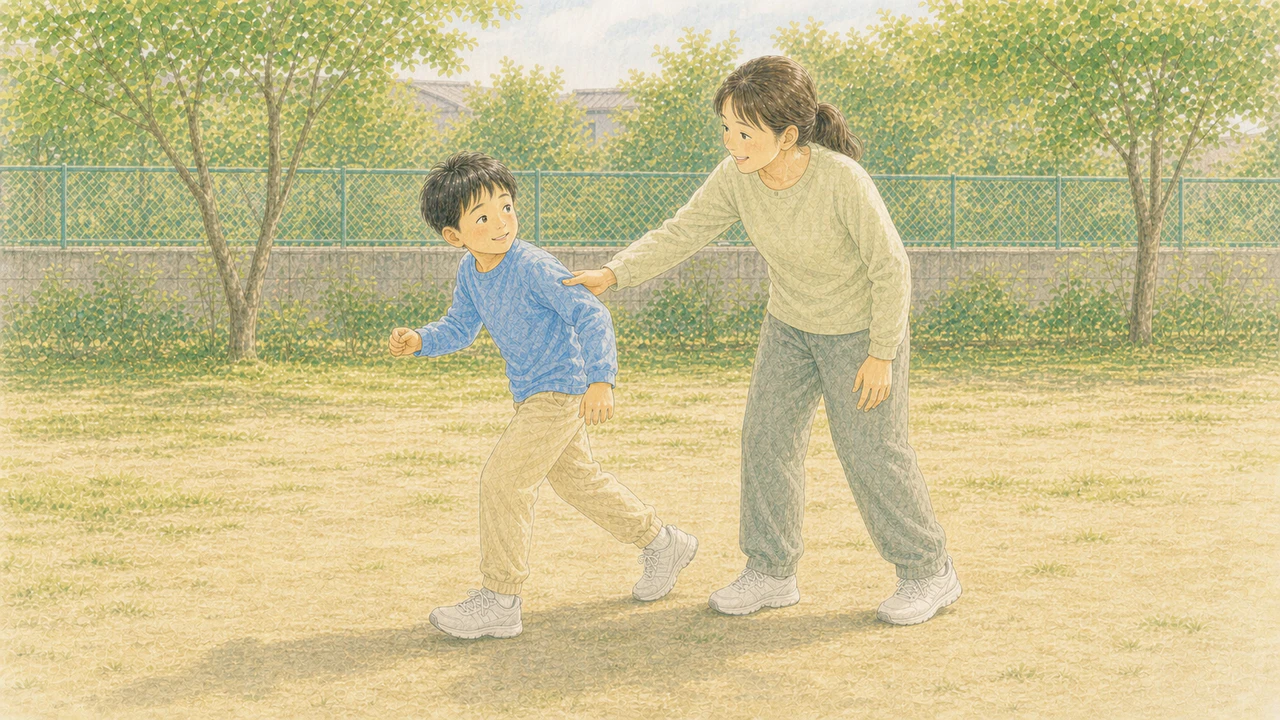 準備運動をせず走り出そうとする子どもを、保護者がそっと呼び止めている様子（イラスト）
