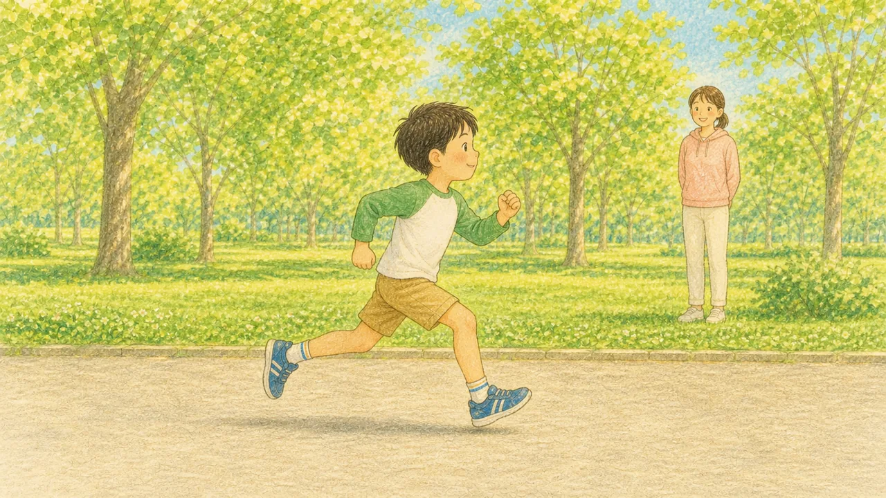公園で腕を前後に振りながら走るフォームを確かめる子どもの様子（イラスト）
