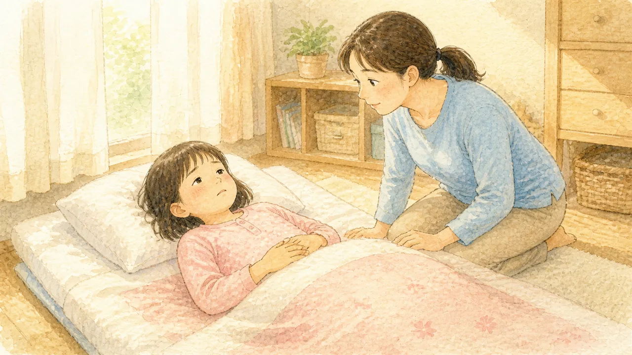 朝の布団の中でおなかに手を当てている女の子と、そばに膝をついて心配そうに顔をのぞき込む母親(イラスト)