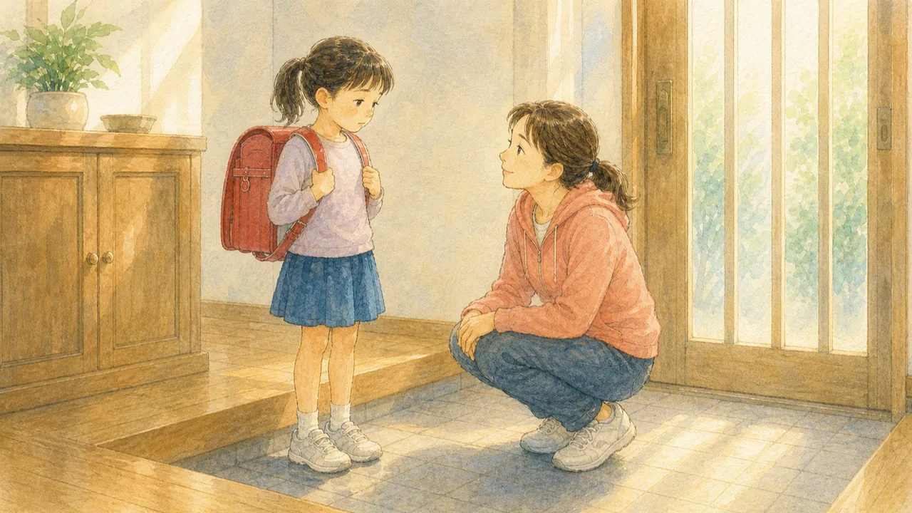 玄関で、ランドセルを背負ったまま元気のない女の子と、しゃがんで目線を合わせる母親(イラスト)