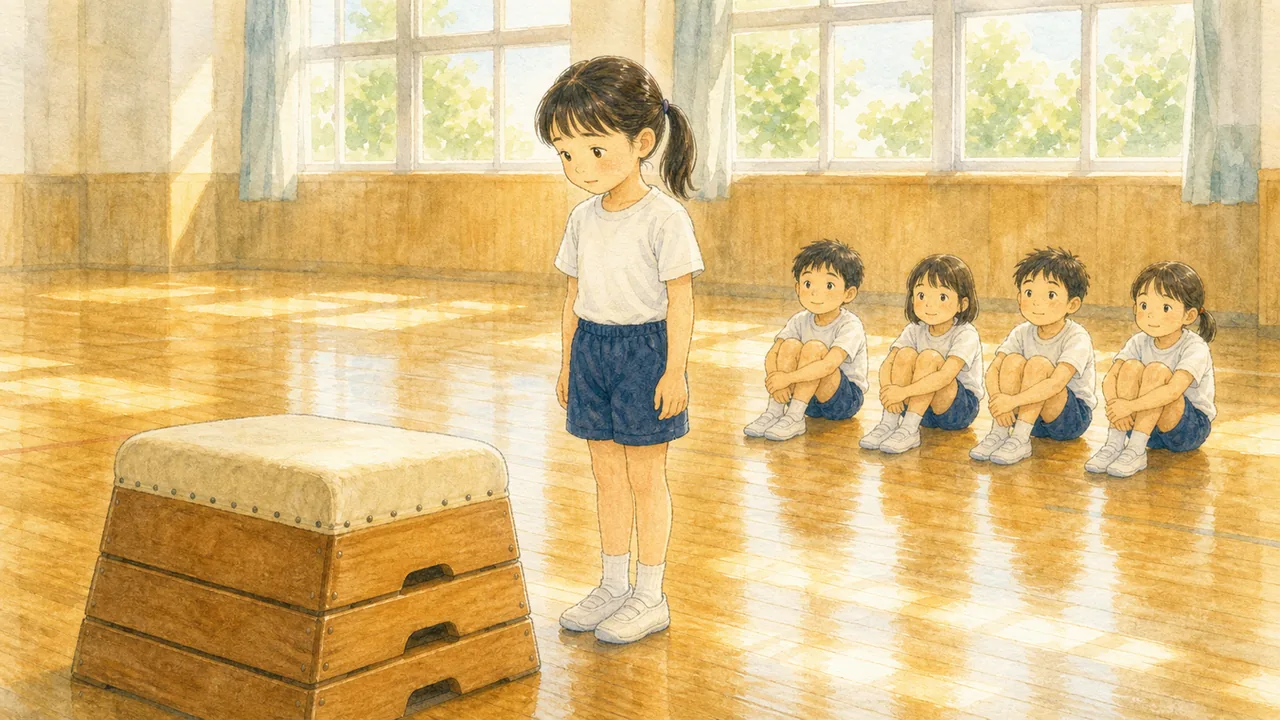 体育館で跳び箱の前に立ち、うつむきがちに順番を待つ女の子と、床に座って見ているクラスメイトたち(イラスト)