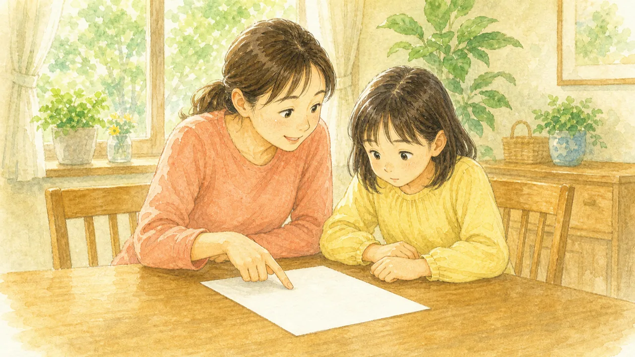 ダイニングテーブルで、母親と女の子が学校からのプリントを一緒にのぞき込んでいる様子(イラスト)