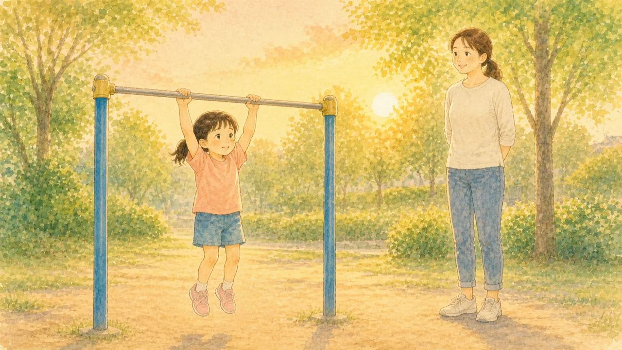 夕方の公園で低い鉄棒にぶら下がる女の子と、少し離れて笑って見守る母親(イラスト)