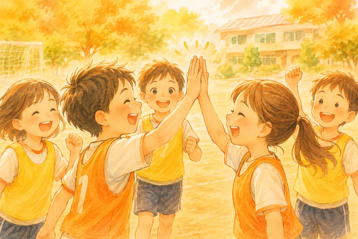 グラウンドでハイタッチする子どもたち