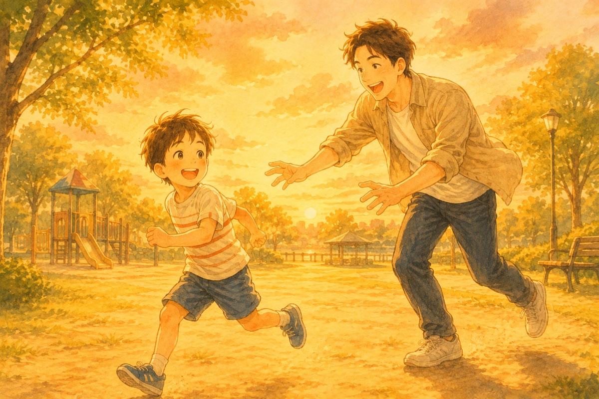 夕方の公園で鬼ごっこをして遊ぶ親子